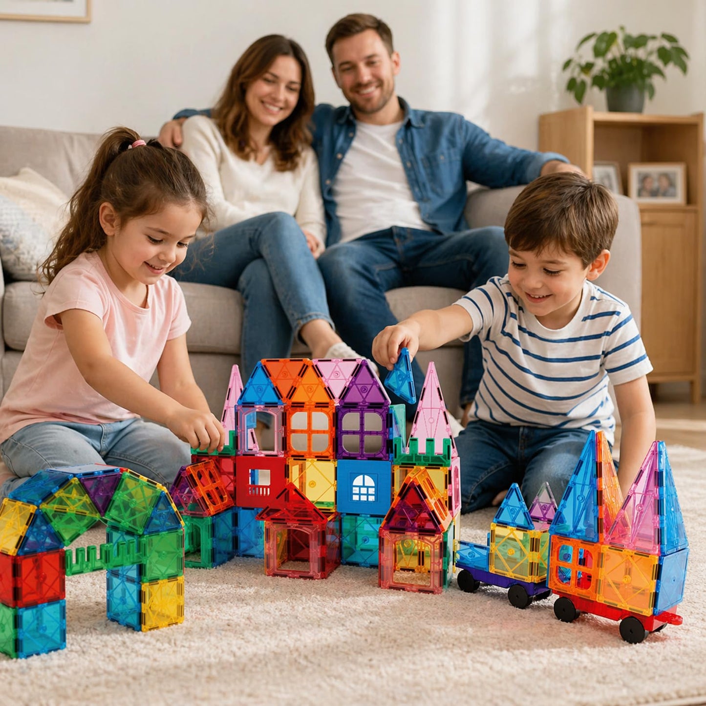AFUNX Magnetic Tiles,102PCS Magnetic Building Blocks 3D Clear Construction Playboards, Inspiration, Creativity Beyond Imagination, Educational Magnet Toy Set for Kids with 2 Cars