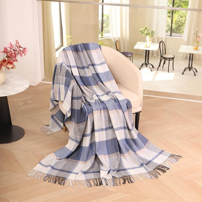 Throw Blanket Plaid with Carry Bag | Soft Wool Travel Blanket 55"x83" 1.5lbs | Blue Plaid Decorative Throw for Couch, Camping & Gift