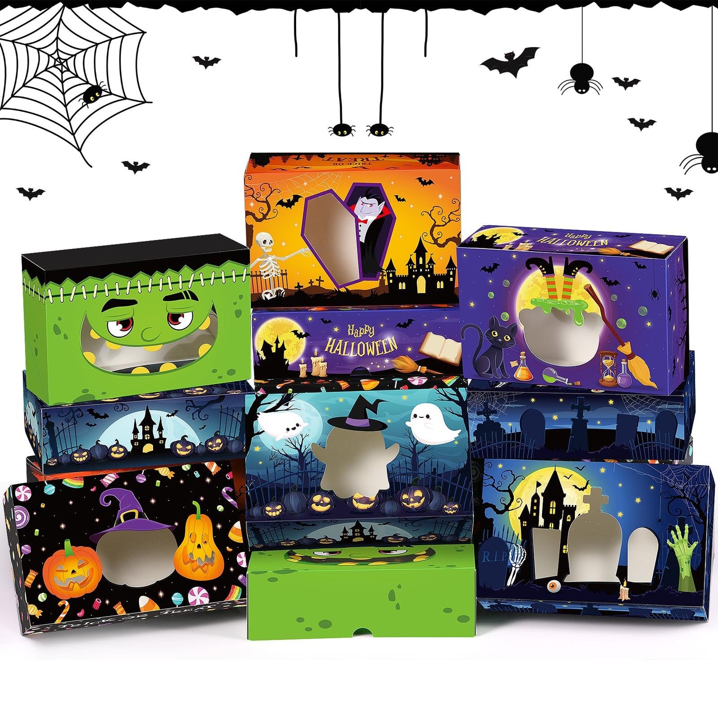 Pasimy 36 Pcs Halloween Cookie Boxes with Window 8.7 x 5.5 x 2.8 Inch Halloween Treat Boxes Bulk Cupcake Candy Dessert Containers for Bakery Pastry Packaging Supplies