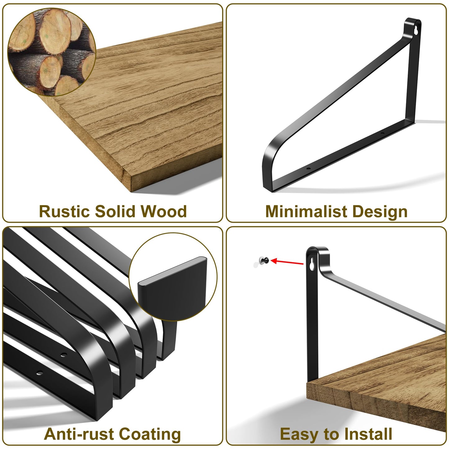Love-KANKEI Floating Shelves Wall Mount Rustic Wood Wall Shelves with Large Storage L16.5 x W12 inch for Kitchen Living Room Bathroom Bedroom Set of 2 Carbonized Black