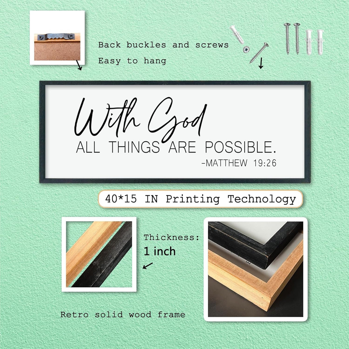 LuZhiQiang With God All Things Are Possible Wall Decor 40"×15" Matthew 19:26 sign Bible Verse Scripture for Living Room Large Wood Framed Wall Hanging Art (Black)