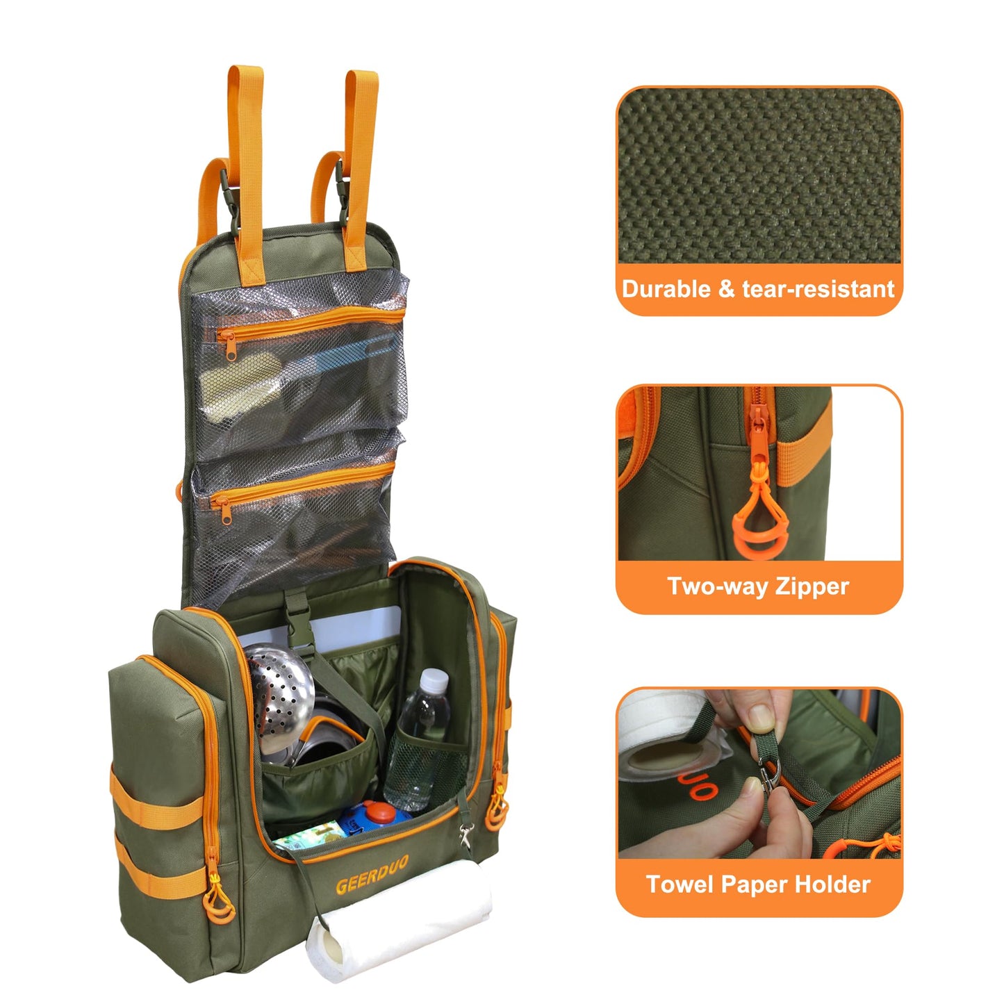 GeerDuo Tactical Camp Kitchen Organizer, Large Camping Utensil Storage Bag with Paper Towel Holder & Multi Pockets, Hanging Outdoor Cookware Organizer for Overlanding