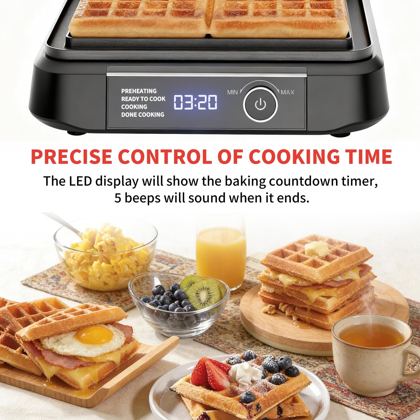 Waffle Maker, 1200W Belgian Waffle Maker, Dual Rectangular Thick Waffle Iron, 7-Level Browning LED Panel, Nonstick Plates, Anti-spill Design, Audible Ready Beep, Easy Cleanup, Stainless Steel