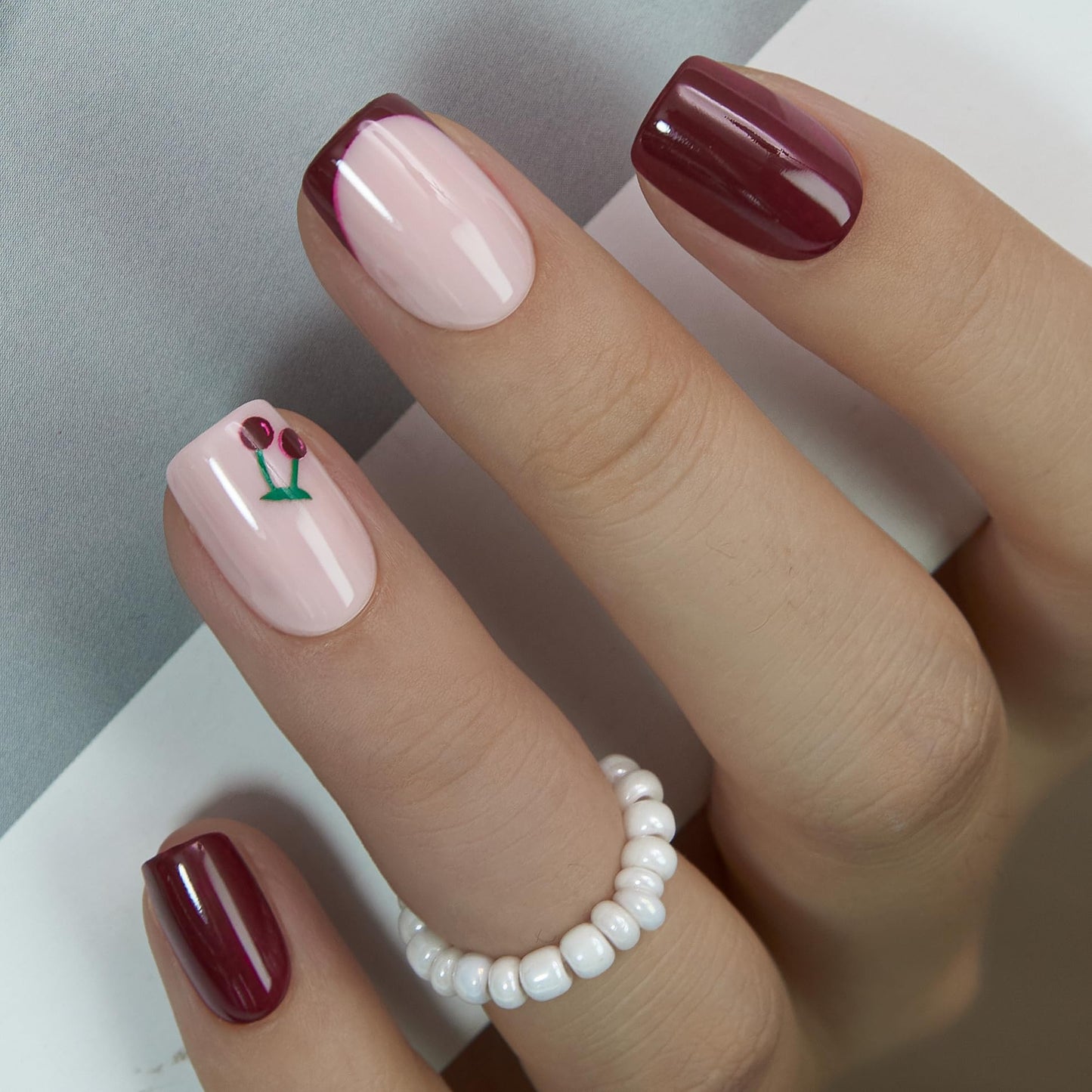 Curvlife Press On Nails – 30PCS Full Cover False Natural Fit Soft Gel Fake Nails Tips, Easy to Apply at Home Glue On False Nails Kit (Cherry Accent Solid French Manicure, Medium)