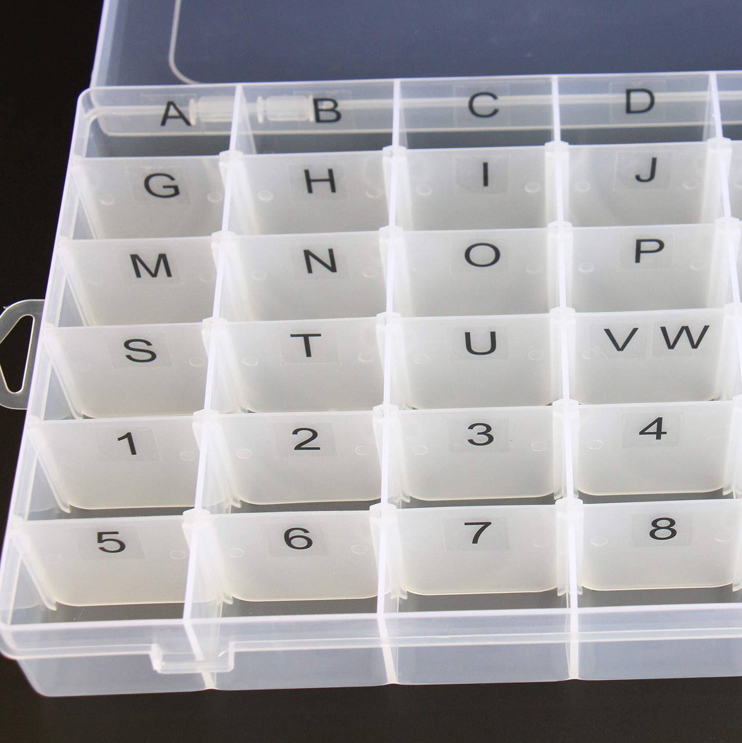 Plastic Organizer Container Box with Adjustable Dividers - 36 Compartments for Letter Board Letters - Stickers Pre Applied to Dividers