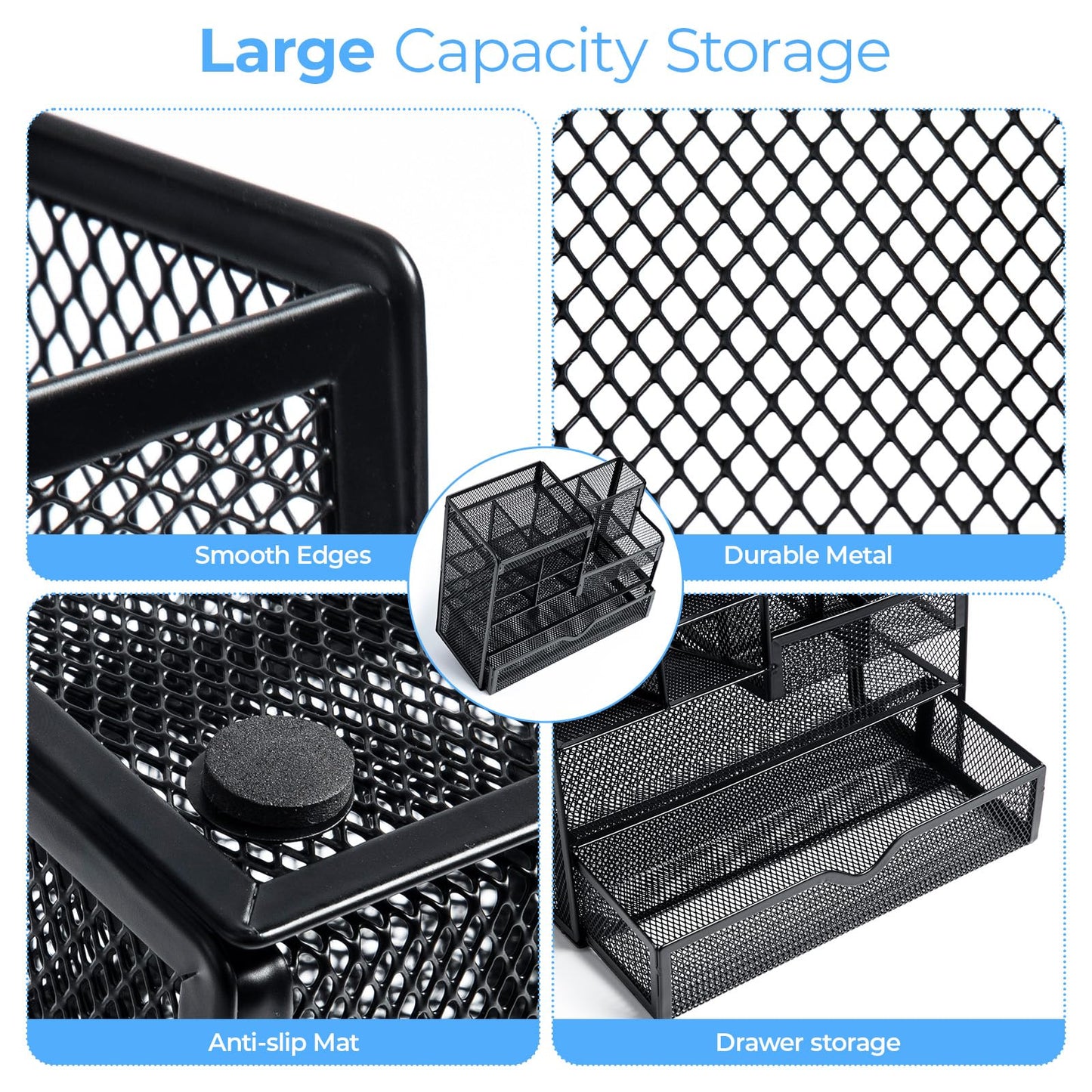 M&G Mesh Pen Holder for Desk, Multi-Functional Pencil Holder with Drawer Desk Organizer, Large Capacity Office Desk organizers and Accessories (Black)