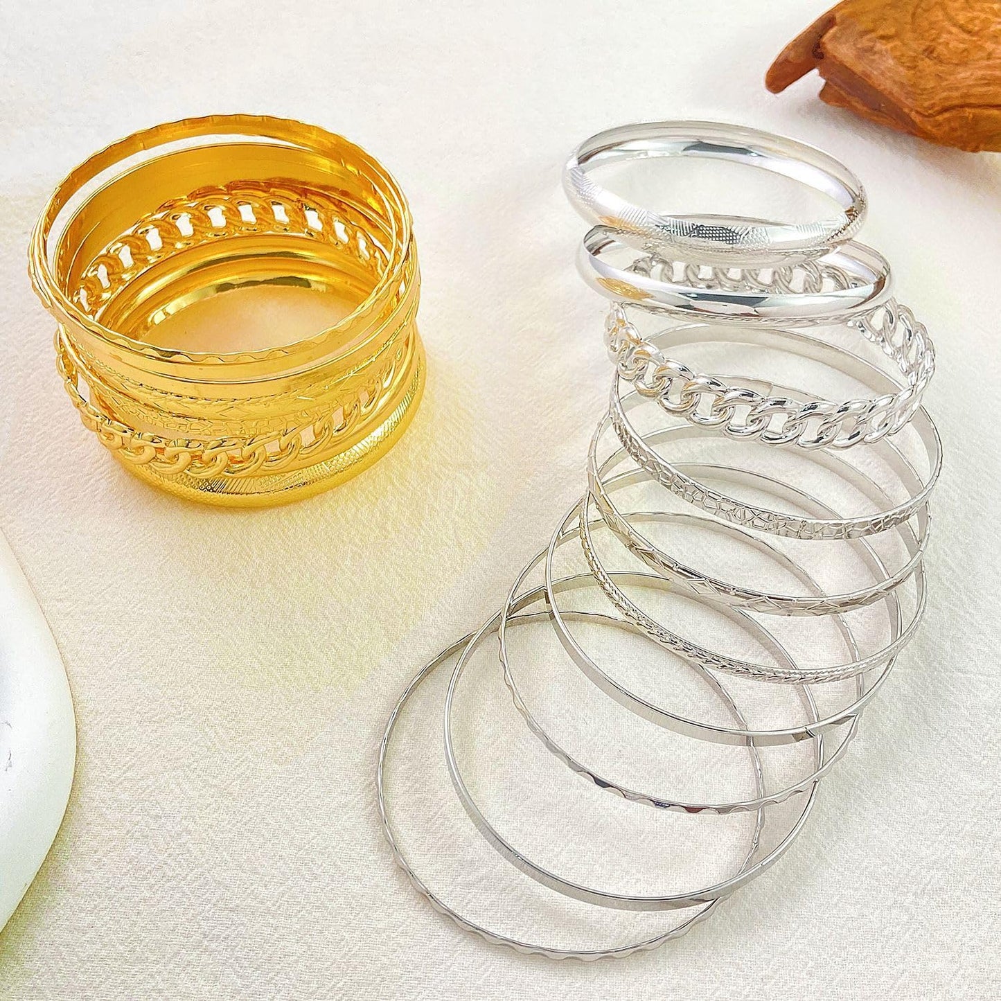 RINTOLER 10Pcs Gold Bangle Bracelets Set for Women - Multi Layer Stackable Textured Chunky Bracelets Indian Bangles Boho Jewelry Set (B-10PC-Gold)