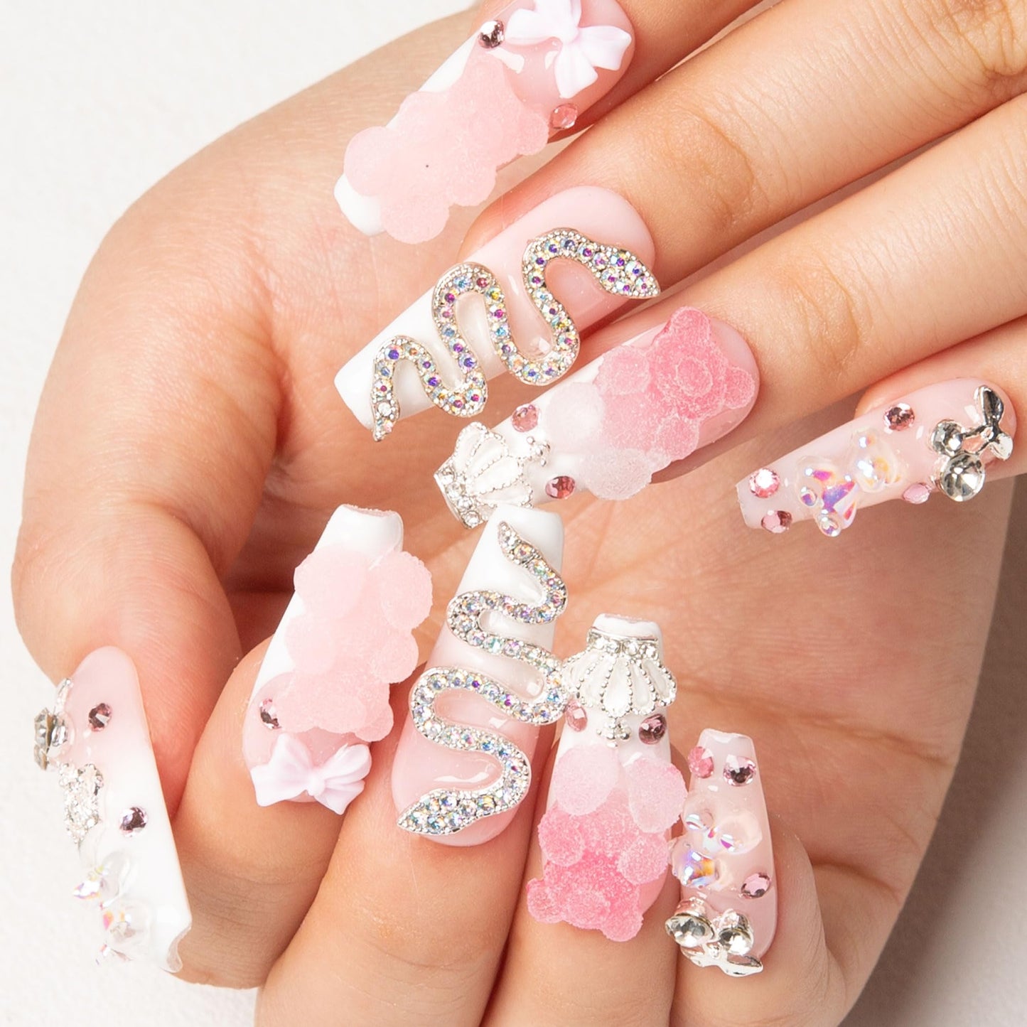 LOVFUL Press on Nails Marshmallo Gummy Bear Square | Handmade with Full Covered Crystals | Reusable Fake Nails | Coffin Classic Regular 1.3 in | H26-M