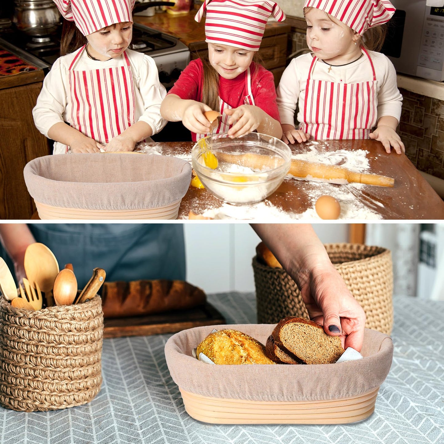 Gejoy 12 Set Bread Proofing Baskets Oval Shaped Banneton Dough Proofing Bowls Kit with Cloth Liner and Plastic Scraper Sourdough Proofing Basket for Home Sourdough Bakers Supplies (10 Inch)