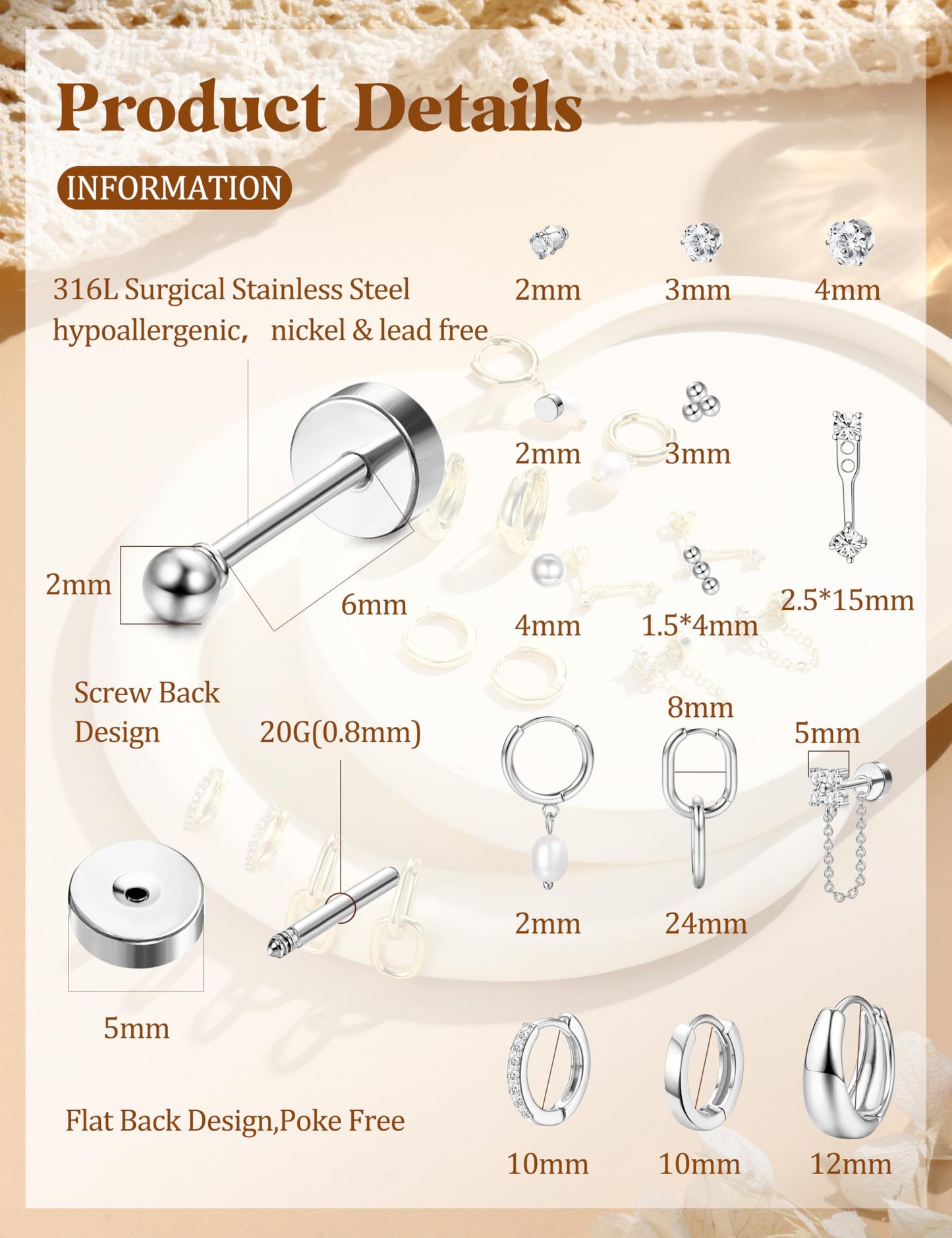 LOLIAS Flat Back Earrings for Women Hypoallergenic Surgical Steel Earrings for Sensitive Ears-20G Cartilage Earring Stacks 14K Gold Plated Hoops Flatback Stud Earring Sets for Multiple Piercing