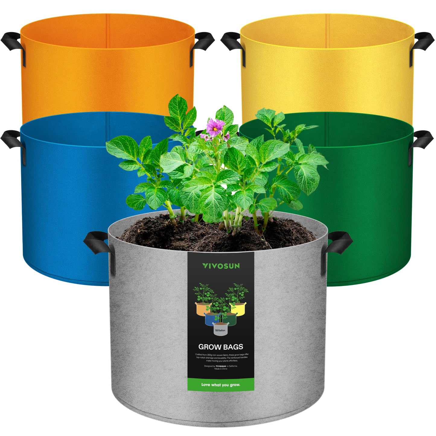 VIVOSUN 5-Pack 10-Gallon Colored Grow Bags, 350G Thick nonwoven Fabric Pots with Handles for Flowers, Fruits and Vegetables
