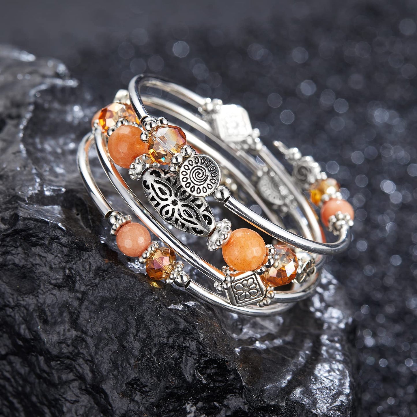 FULU AUTUMN Stackable Beaded Bracelets for Women Boho Wrap Silver Bracelet Layered Fashion Jewelry Gifts for Her(Orange)