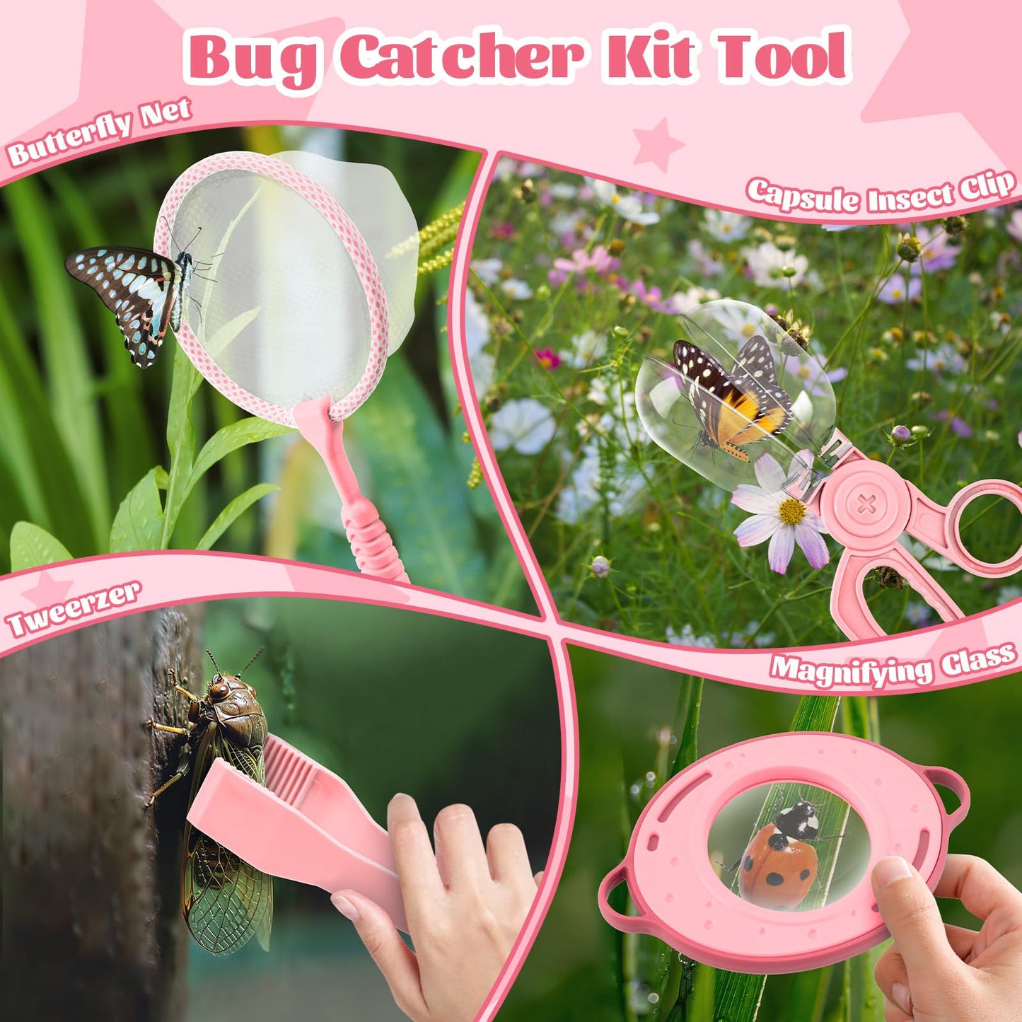 Funsland Bug Catcher Kit for Kids - 17 PCS Outdoor Explorer Kit Insect Catching Toys Nature Adventure Set for Boys 3 4 5 6 7 8 Year Old (Pink)