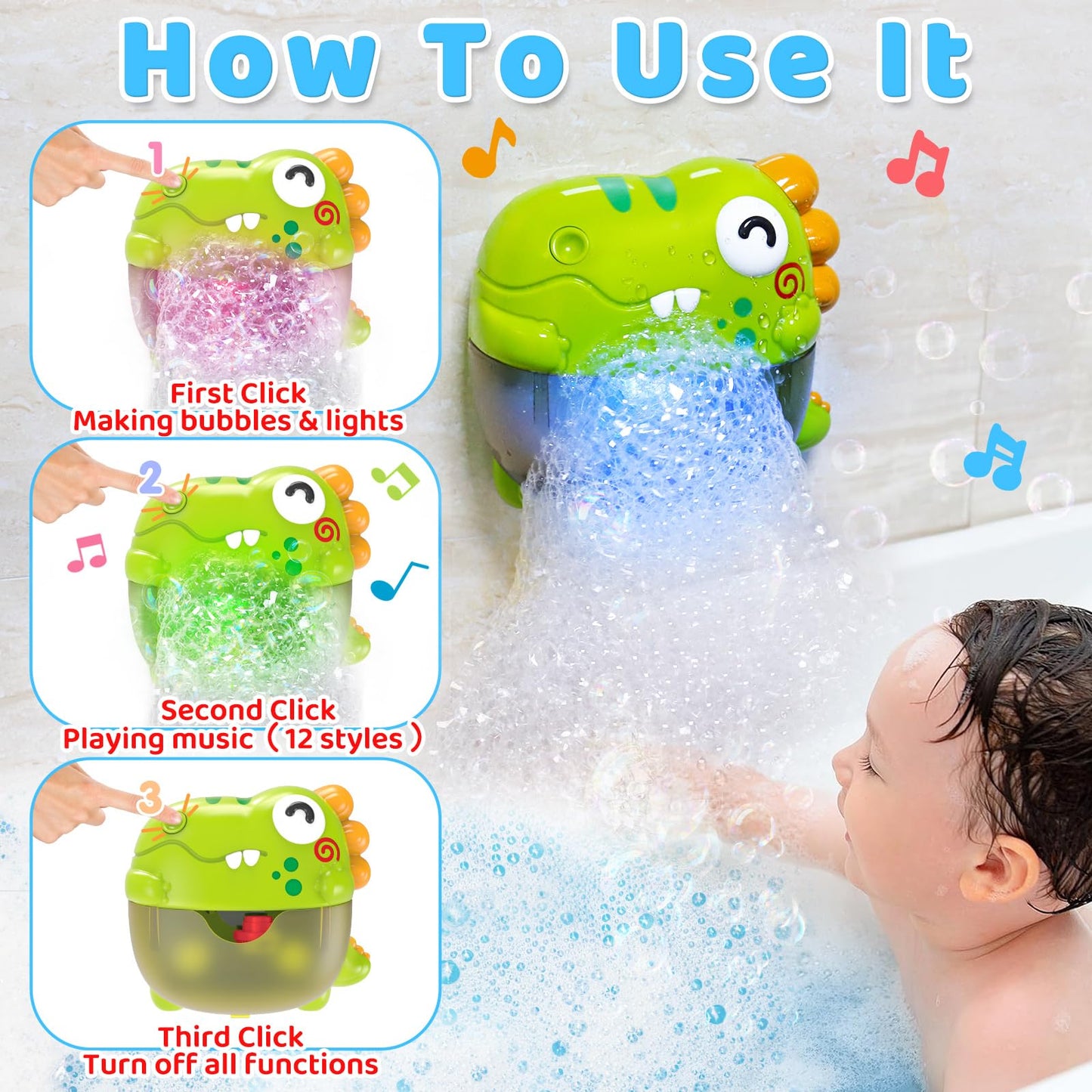 Light Up Dinosaur Bath Toys with Music, Bath Bubble Machine Toy for Kids Age 3-5 4-8 Toddler Summer Toys Bubble Maker for Bathtub - Floating Animal Water Toys Boy Girl Birthday Gift