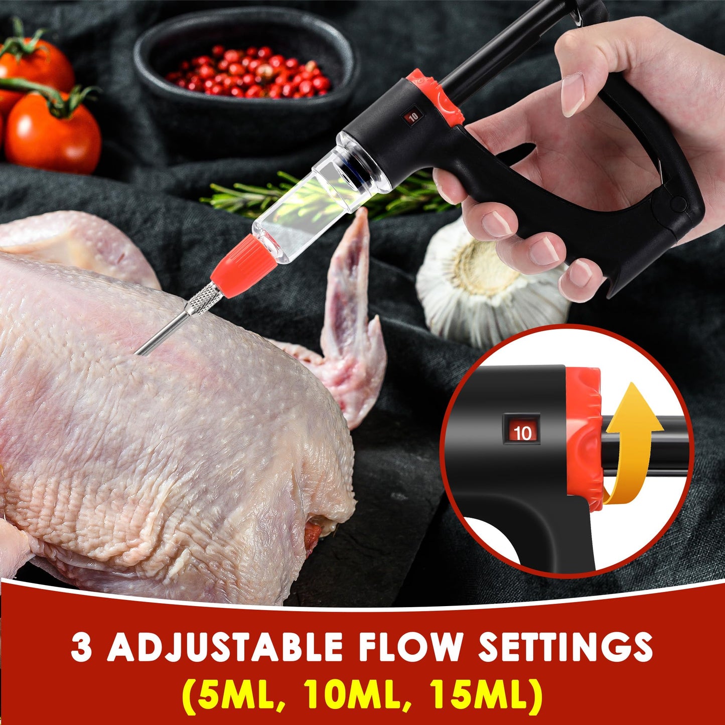 Dreyoo Marinade Injector Syringe for Smoking, Meat Injector Syringe with 3 Flow Settings, 4 Precision Needles & 33.46in Hose Ideal Meat Syringe Pump for BBQ, Smoking, Turkey and Holiday Feasts