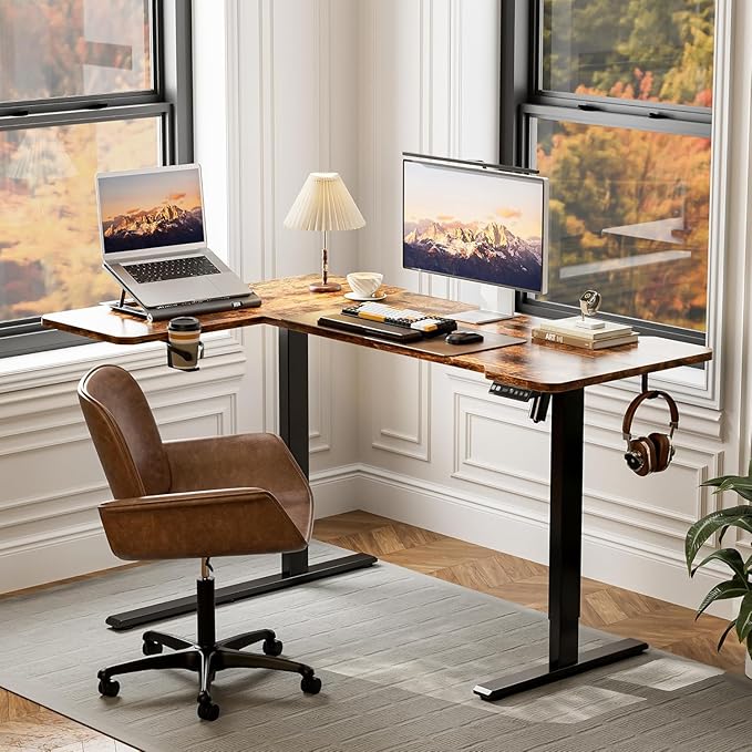 59 Inch L Shaped Standing Desk Adjustable Height, Electric Corner Standing Desk, Sit Stand Computer Table with Reversiable Splice Board, Rustic Brown