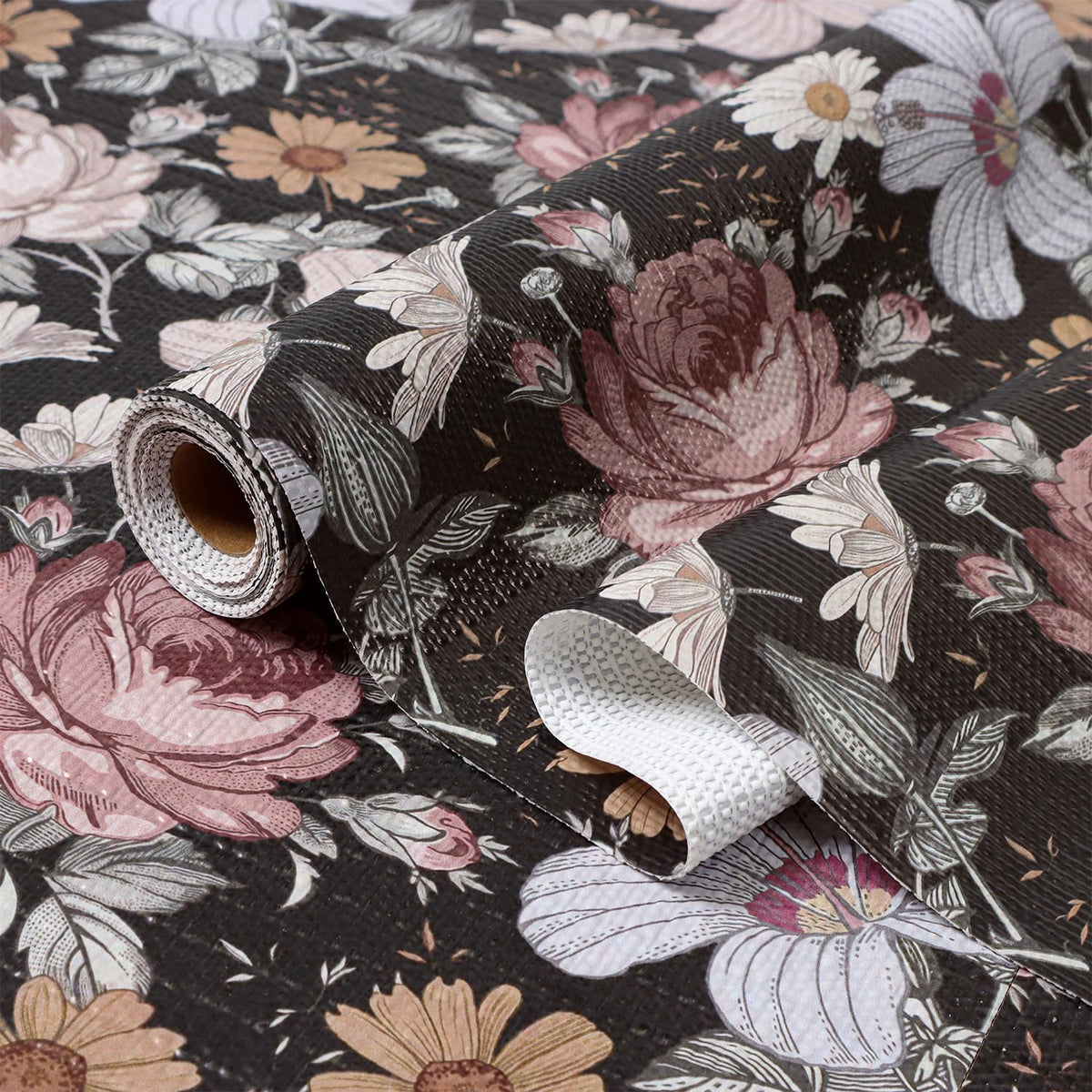 Black Retro Floral Shelf Drawer Liner for Kitchen Non (9.67 Sq Ft)