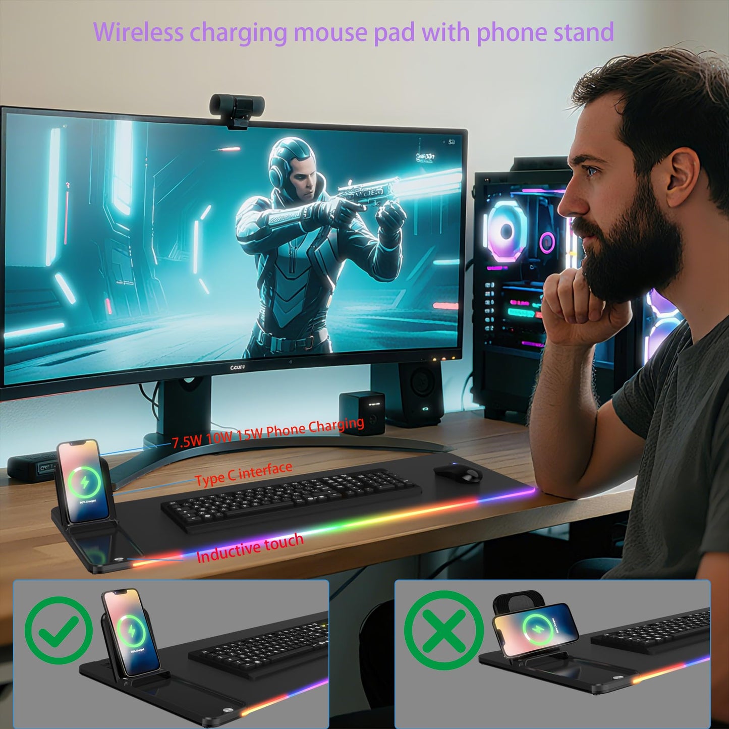 Gifts for Mom Dad &Friends,Wireless Phone Charger with Mouse Pad,RGB Gaming Mouse Pad with Phone Holder, 15W Fast Wireless Charging Desk Mat with Ultra-Smooth Surface for MacBook PC Laptop Computer