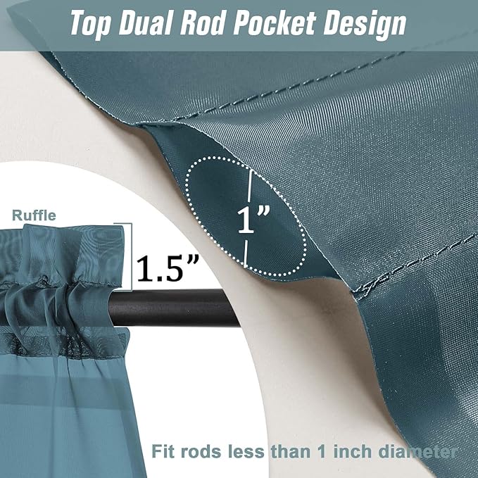 Window Sheer Curtains 45 Inches Length, Voile Short Curtains for Living Room Bedroom, Modern Soft Window Drapes 2 Panels Set, Top Dual Rod Pocket Design, Dusty Blue, 2x42Wx45L Inches