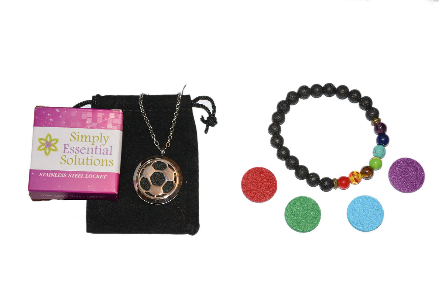 Aromatherapy Essential Oil Diffuser Stainless Steel 30MM Silver Magnetic Locket Pendant with Chain Necklace and Colored Refill Pads & Diffuser Bracelet All in a Velvet Bag (Soccer)
