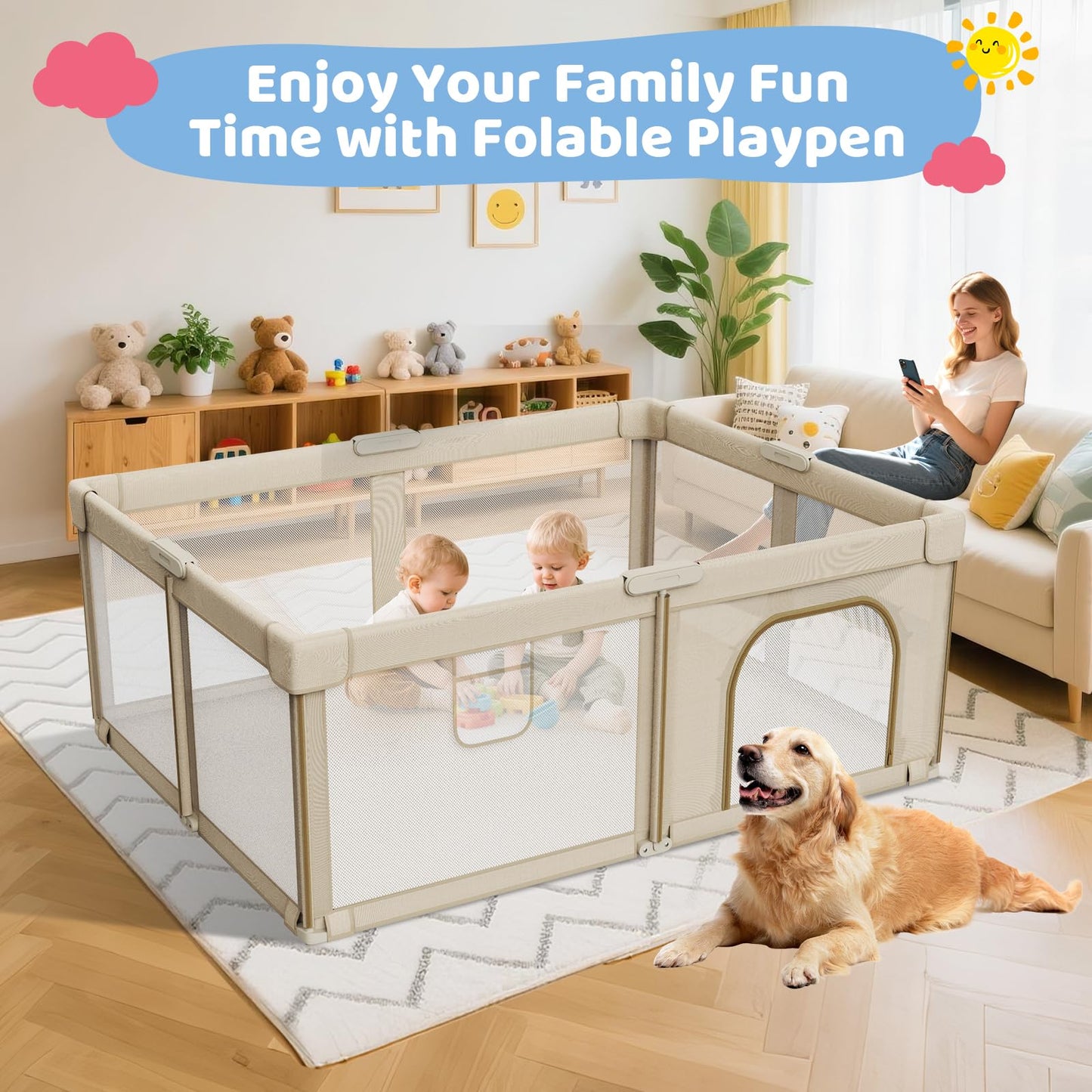 Foldable Baby Playpen: 71” x 59” Super Large Playpen for Babies and Toddlers - Portable Play Pen for Babies with Breathable Mesh & 2 Pulling Handle - Baby Play Yard for Outdoor & Indoor