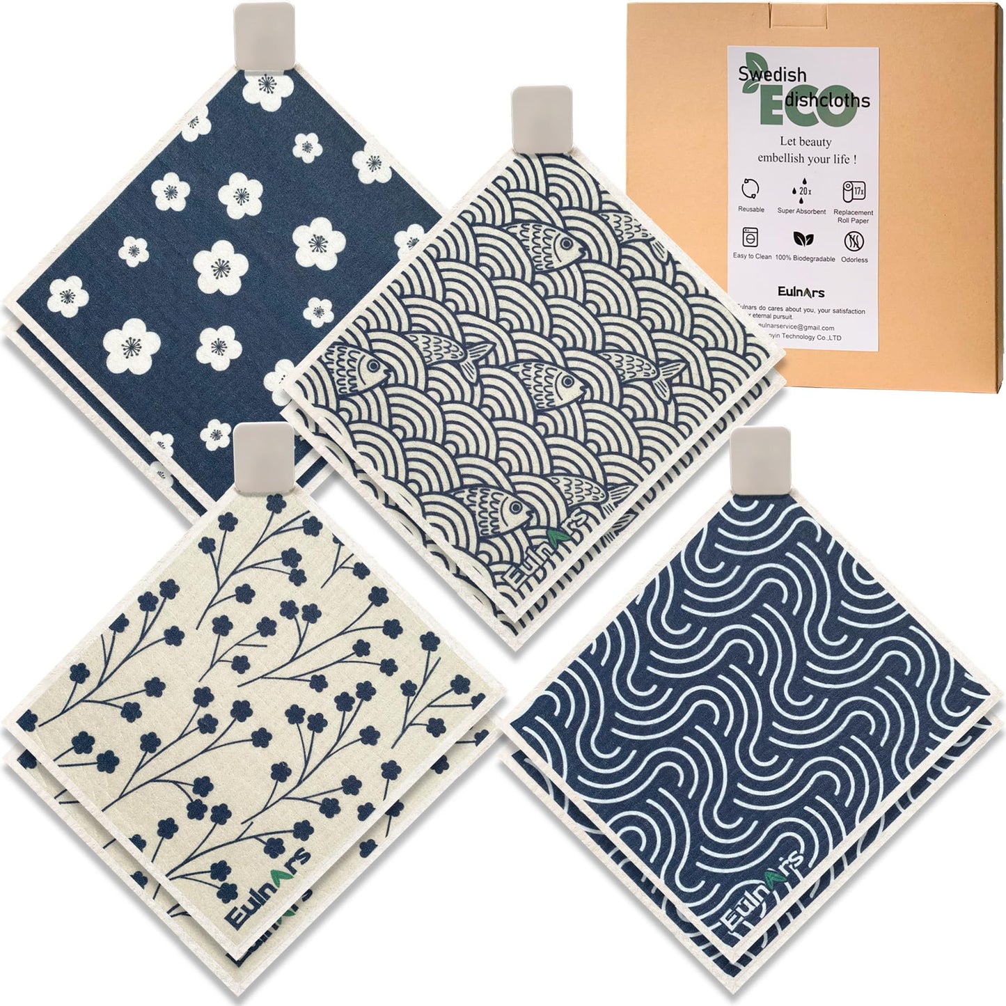 Eulnars Swedish Dishcloths for Kitchen, 8 Pack Japanese Pattern Reusable Paper Towels with Clips, Non-Scratch Swedish Dish Towels, Super Absorbent Cellulose Dish Cloths, No Odor