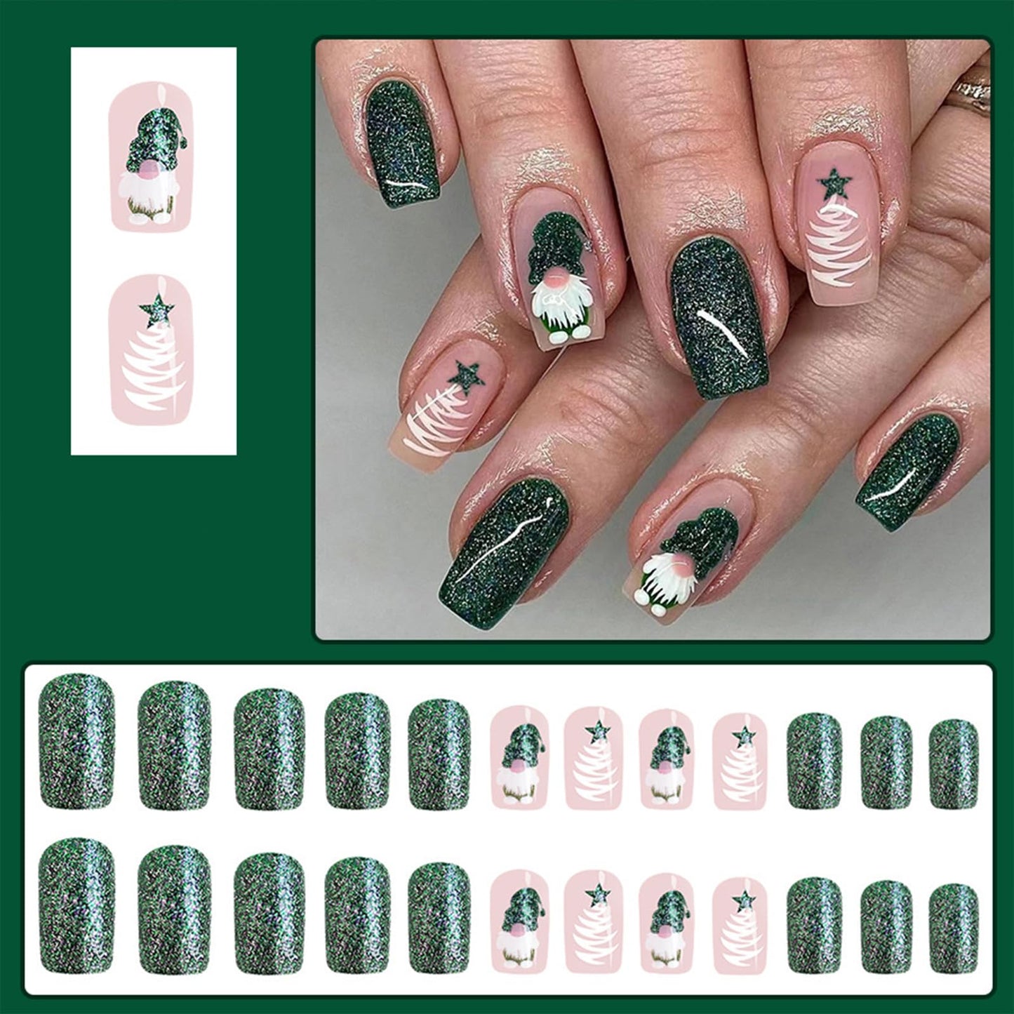 24Pcs Christmas Green Press on Nails Acrylic Full Cover Medium Square Fake with Santa Claus Dwarf Design Glossy False Nails Cute Glue on Stick on Nails for Women