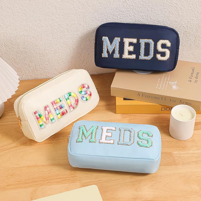 Chenille Letter Patch Nylon Medicine Packages,Cute MEDS Travel Makeup Bag with Metal Zipper, First Aid Purse Organizer Cosmetic Bag for Women and Girls(01Beige)