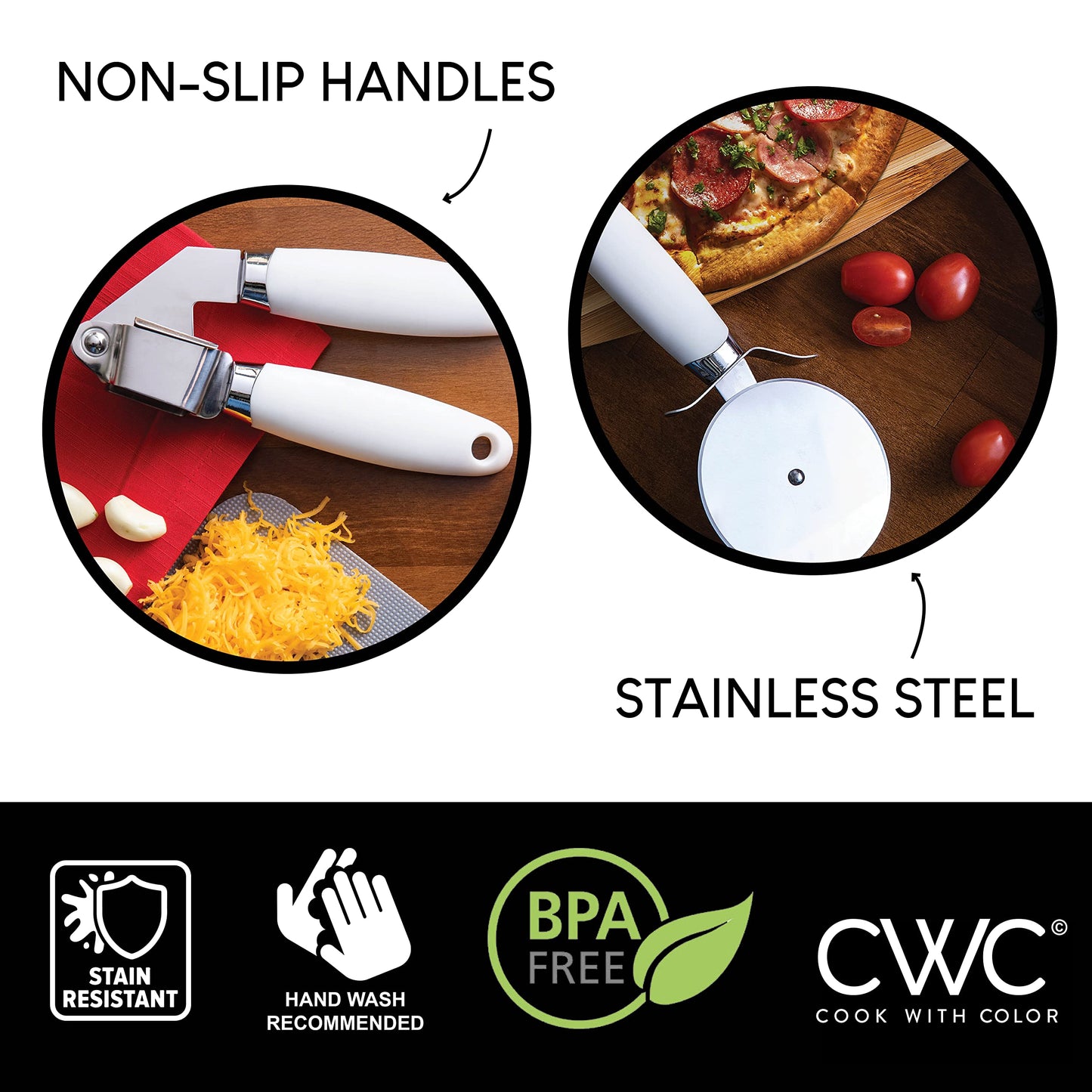 COOK WITH COLOR Kitchen Gadget Set Stainless Steel Utensils with Soft Touch Handles, 7 Pieces, Stainless Steel White