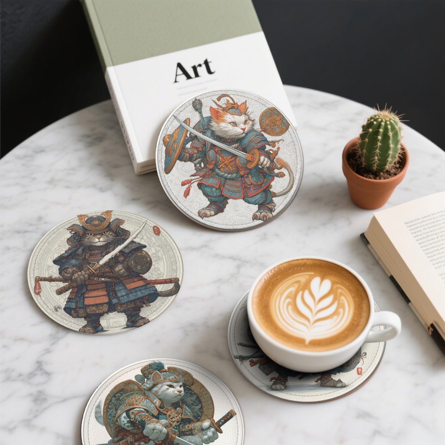 Japanese Cat Coasters Leather Round Drink Coasters 6 Pcs Set with Holderor for Cup Drink Coffee Table Bar Home Decor