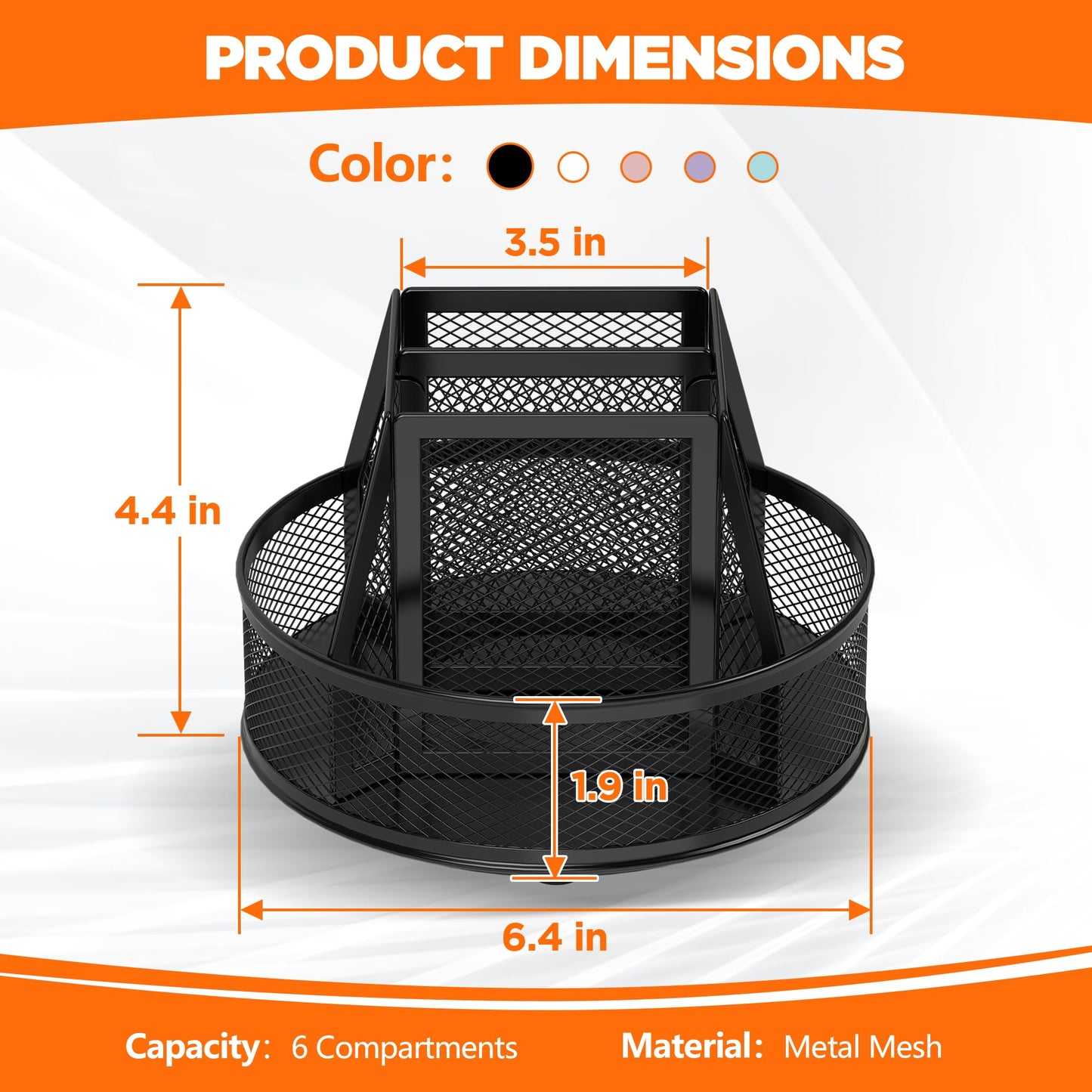 Docnest 360° Rotating Pen Holder,Heavy-Duty Metal Mesh Desk Organizer with 6 Compartments for Pencils,Scissors & Markers –Space Saving Office Supply for Teachers, Students & Home Desk-Black