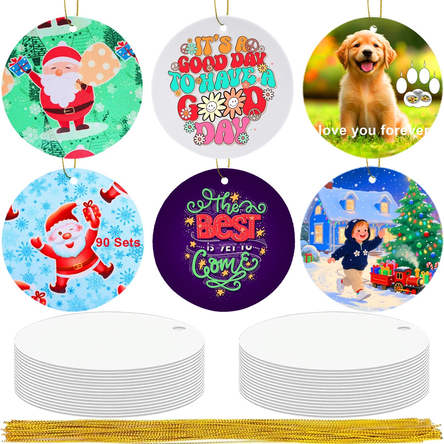 Sublimation Blanks Ornament Round 3" - 90 Sets Heat Transfer Items with Strings - Custom Double Sided Keepsake for Christmas Tree Home Decoration or Daily Memorial Gifts