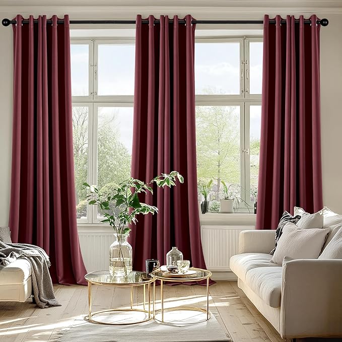MIULEE Burgundy Red Blackout Curtains for Bedroom Living Room 96 Inches Long 2 Panels, Thermal Insulated Room Darkening Drapes Solid Grommet Top Noise Reduction Christmas Window Treatments 40x96 Inch