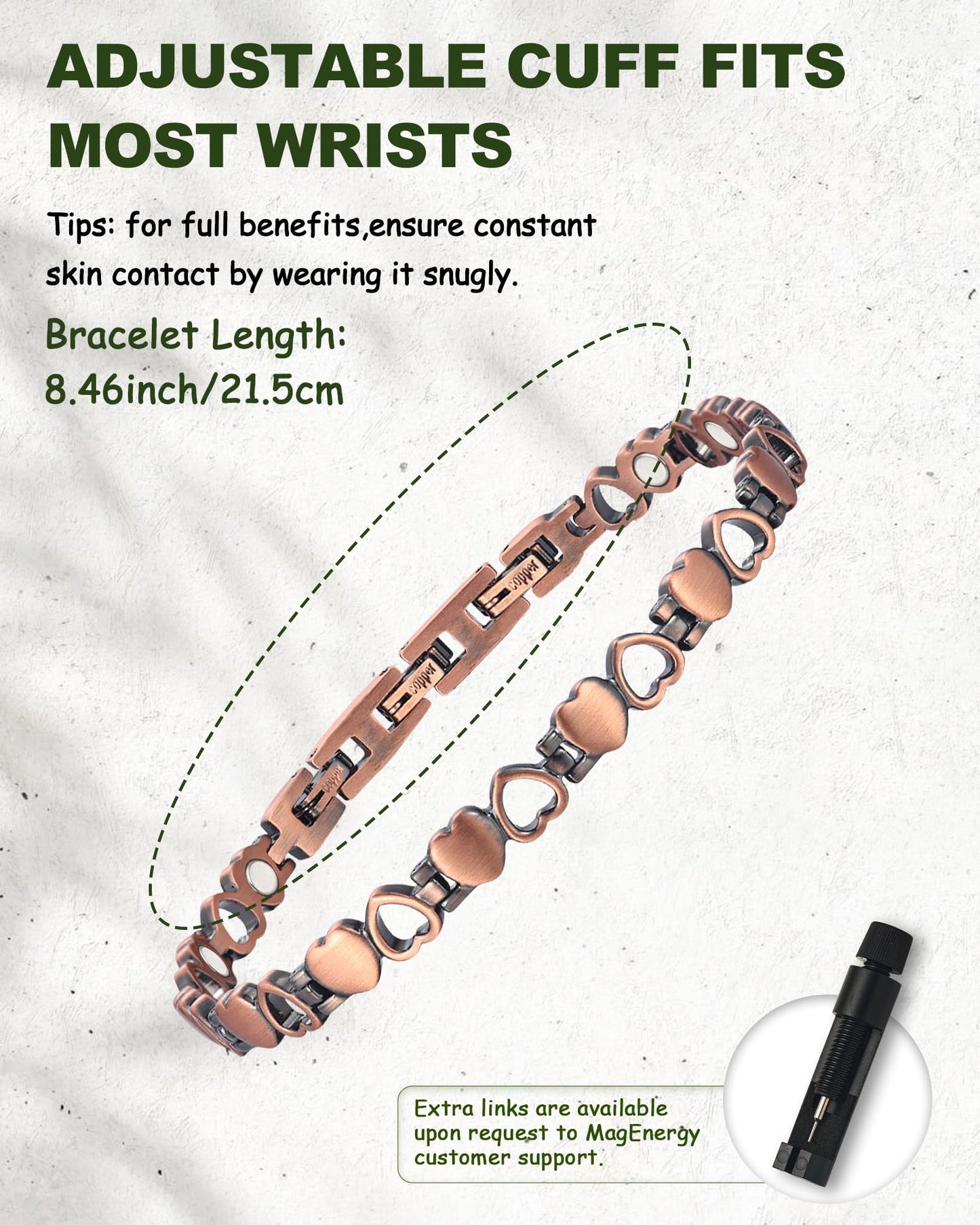 MagEnergy Copper Bracelet for Women, 99.99% Pure Solid Copper Bracelet with 3500 Gauss Magnetic, Adjustable, Jewelry Gift (Copper-Heart+Ring/A)