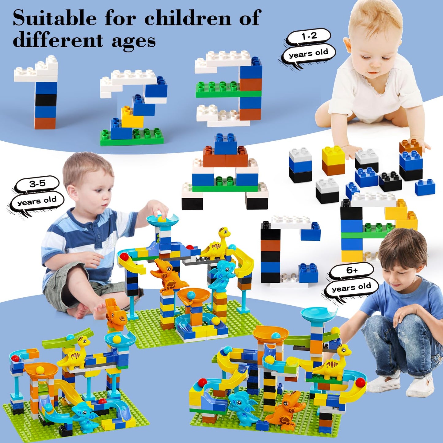 Anpcso Marble Run Building Blocks, Dinosaurs Marble Track Toy Classic Large Bricks for 3 4 5 6 7 + Year Old Boys Girls Kids, Bricks Compatible with All Major Brands