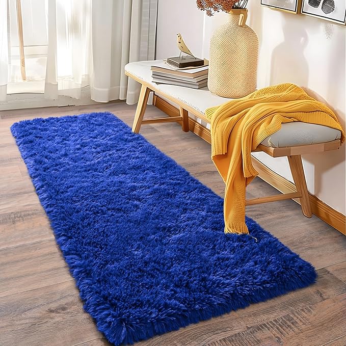 Soft Runner Rugs for Bedroom Hallways, 2 Packs 2x6 Royal Blue Fluffy Shag Throw Area Rug Non Slip for Bedside Dorm, Long Shaggy Furry Carpet for Nursery Living Room