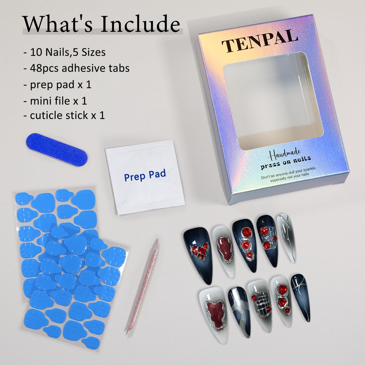 TENPAL Halloween Vampire Nails,Gothic Press On Nails Long Stiletto With Tools,Black Dark Ombre Fake Nails with Red Gems,10Pcs Hand-Painted Glossy Acrylic Glue on Nails for Women Parties Events(XS)