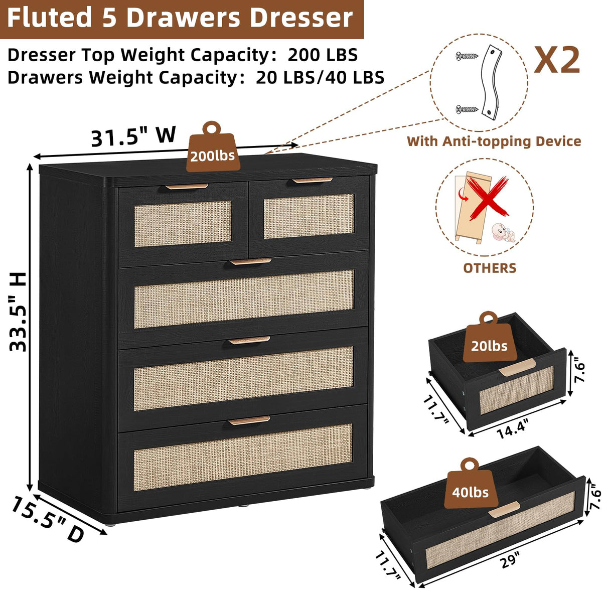 Rattan Dresser for Bedroom Set of 2