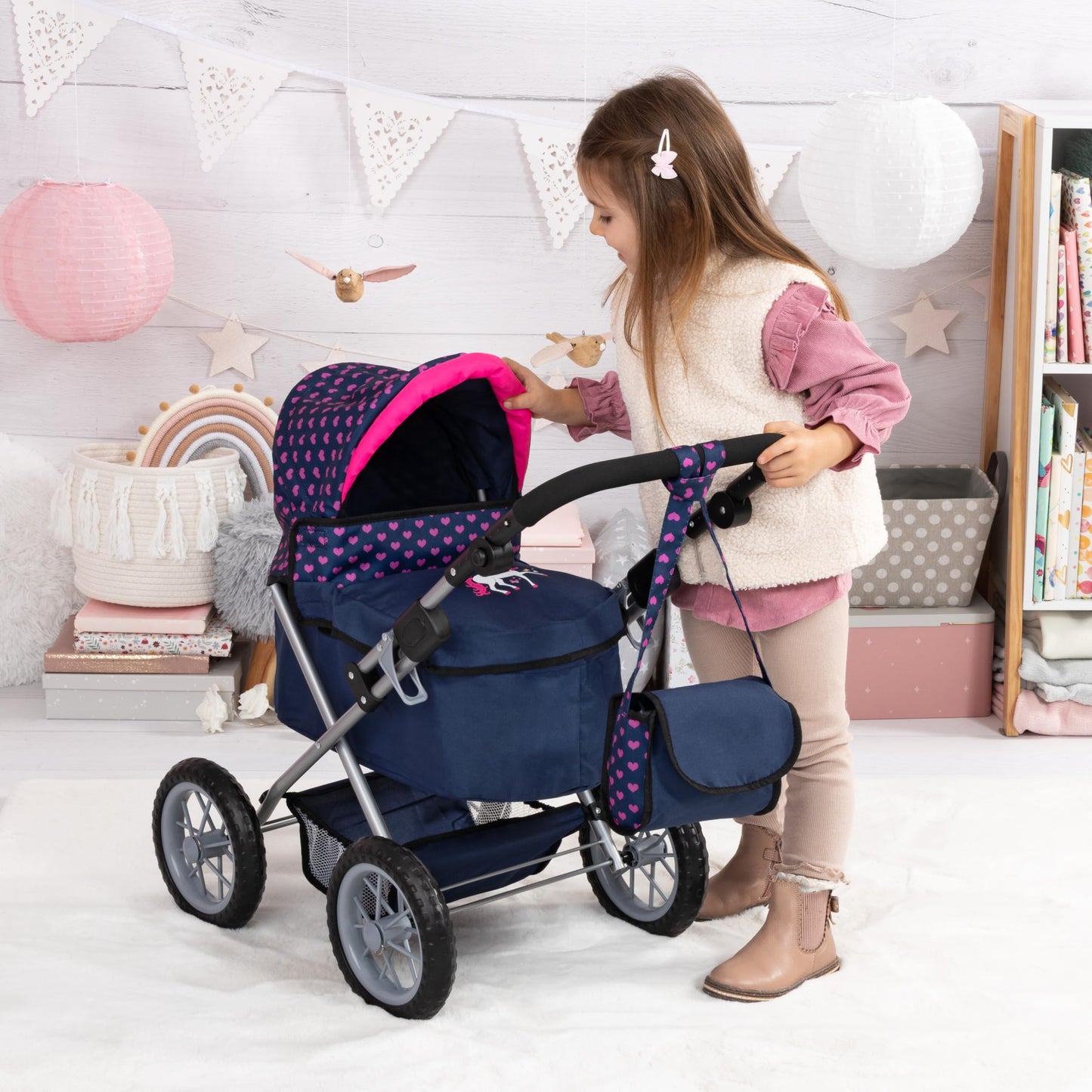 Bayer Trendy Doll Pram Stroller, Adjustable Handle, Pretend Play Toy with Storage Bag, 18 in