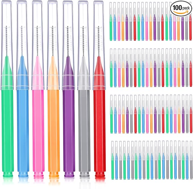 Patelai 100 Pieces Braces Brush for Cleaner Interdental Brush Toothpick Dental Tooth Flossing Head Oral Dental Hygiene Flosser Toothpick Cleaners Tooth Cleaning Tool(Warm Colors,Various Sizes)