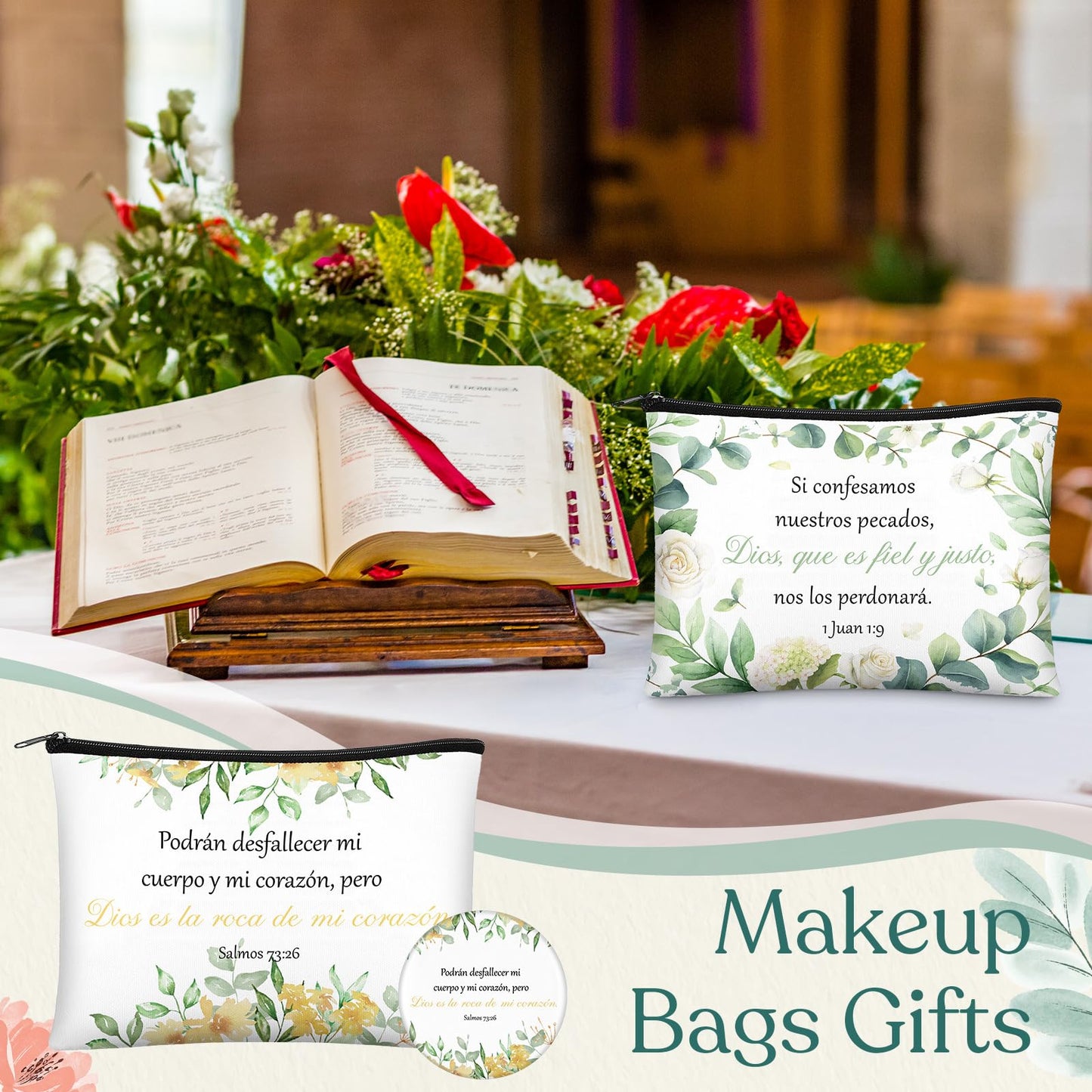 Abbylike 40 Pcs Christian Gift for Women Include 20 Bible Verse Makeup Bags 20 Christian Compact Mirrors Inspirational Religious Scripture Gift for Mom Sister Birthday Christmas(Spanish Style)