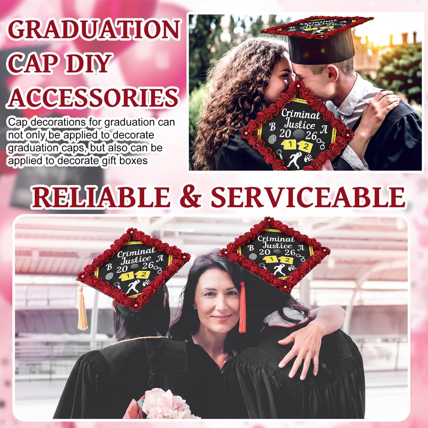 Dunzoom 39 Pcs Criminal Justice DIY Graduation Cap Decorations Set Grad Cap Topper Artificial Flowers Crime Scene-themed Number & Letter Stickers for Wreath Grad Hap Graduation Ceremony Party Supplies