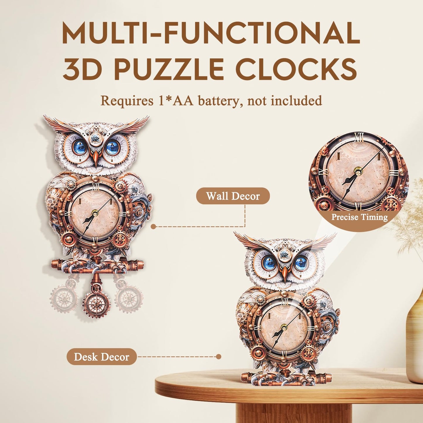 Cutywood 3D Puzzles for Adults Clock-Mechanical Owl Design Model Kit-Mechanical DIY Pendulum Clock with Roman Numerals-Desk Home Office Decor Personalized Gift for DIY Lovers