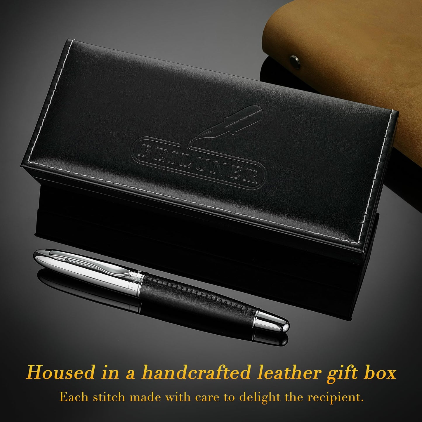 BEILUNER 318 Luxury Leather Pen, Hand-Stitched Premium Leather, Chrome-Plated Finish, Schmidt Ink Refill, Best Rollerball Pen Gift for Men & Women, Refillable, Executive Writing, Nice Pens
