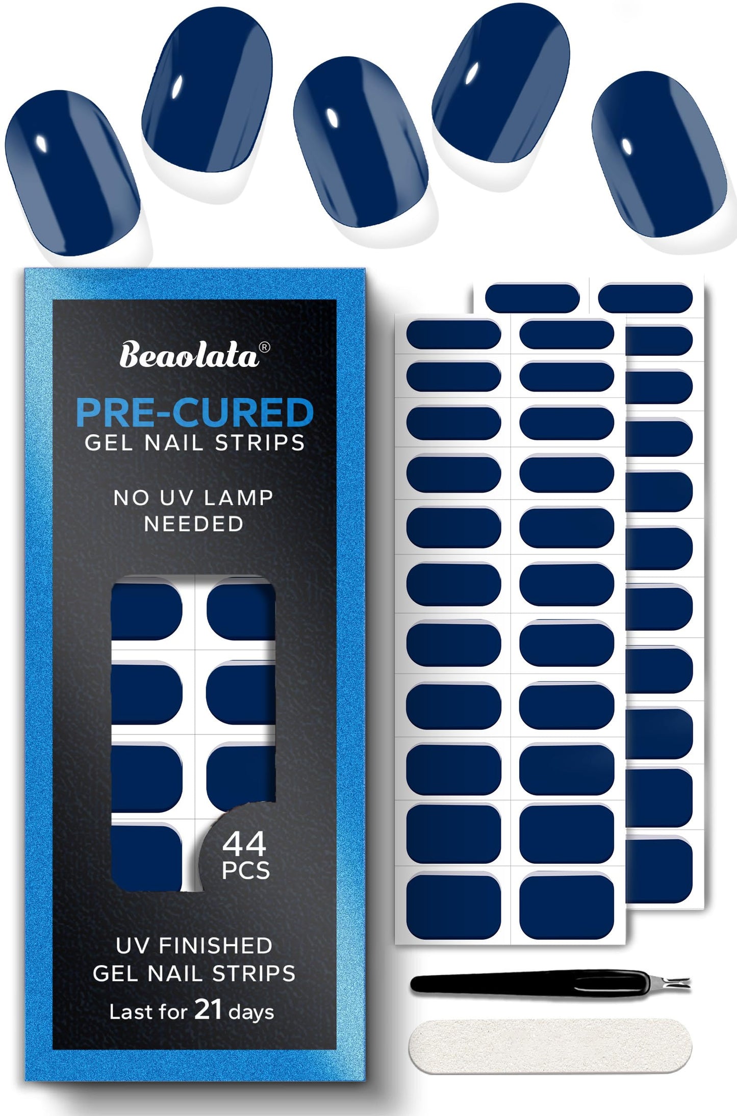 Beaolata Real Gel Nail Strips (No UV Light Needed) - 44Pcs Salon Quality Nail Stickers - Long Lasting Polish Wraps for Women, Easy Apply & Remove (Abyssal Blue)