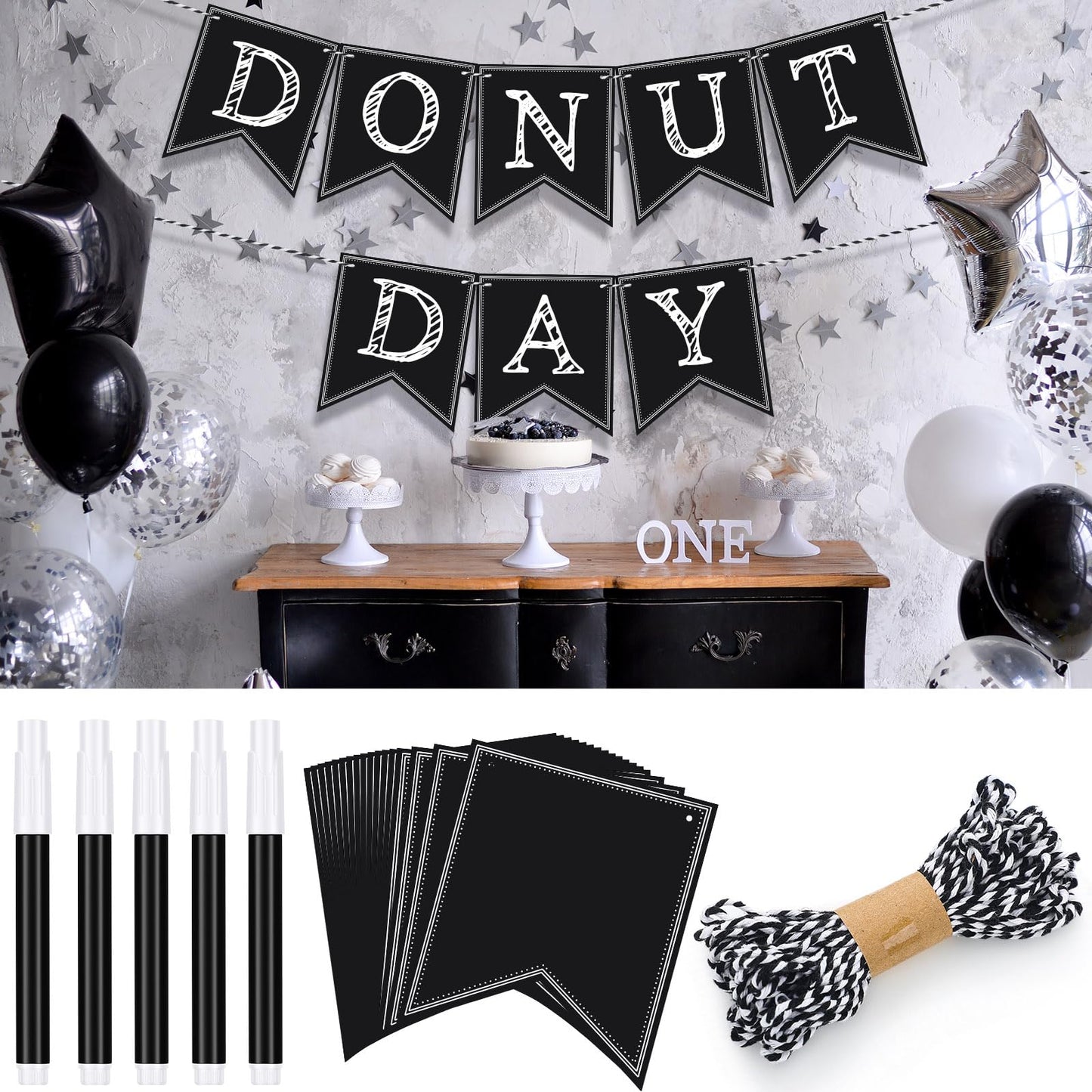 TaoBary 41 Pieces DIY Black Custom Banner Kit Includes 36 Pcs Black Blank Banners 4 Pcs White Chalk and Rope Custom Signs Phrase Banner for Birthday Wedding Baby Shower Themed Party Decorations