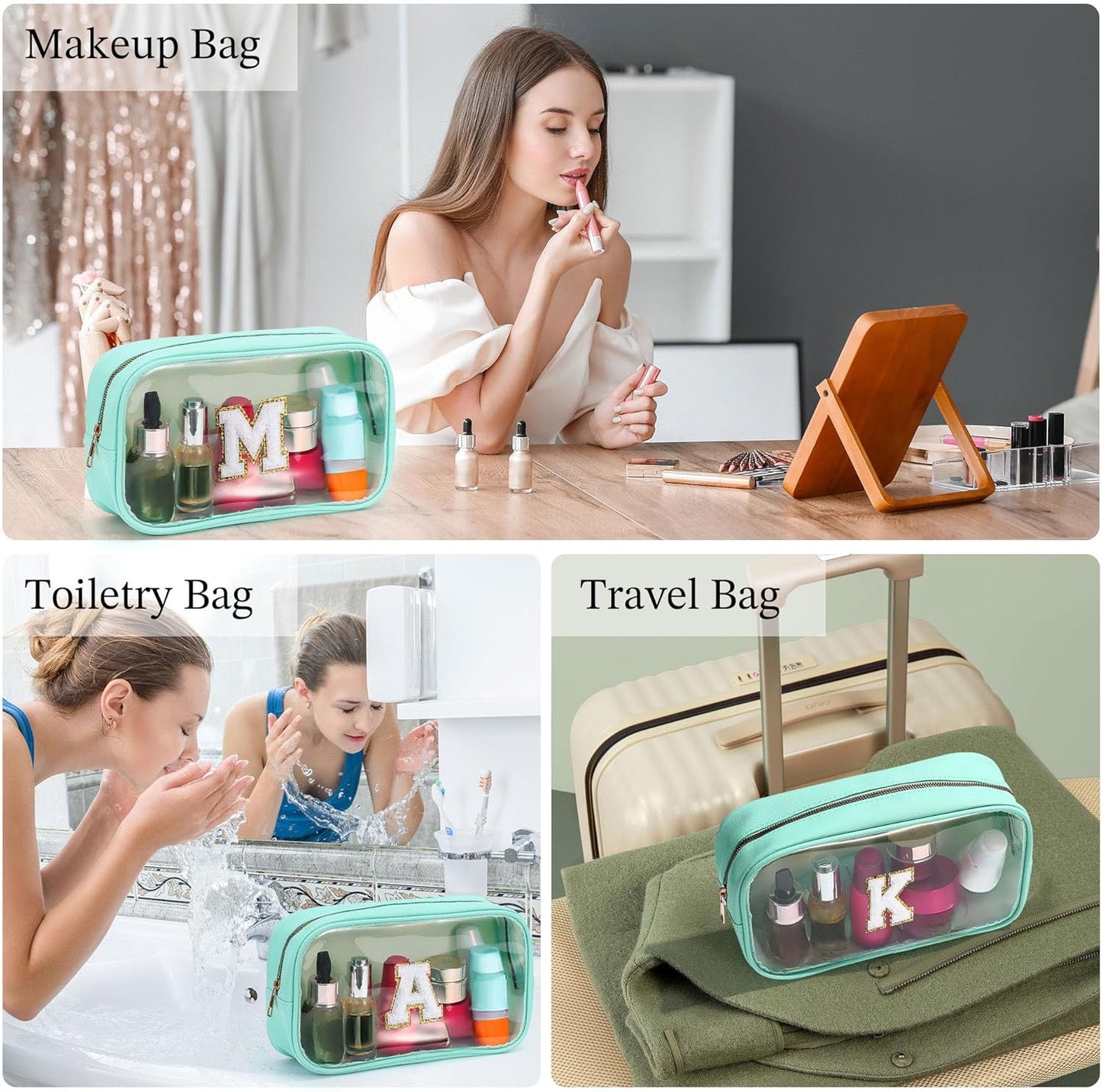 YOOLIFE Initial Make Up Bag Travel Toiletry Bag, Clear Makeup Bag Preppy Cosmetic Bags Organizer Travel Essentials Gifts for Women Teen Girlfriend Teacher Mom Brithday Mothers Day Gifts, Large, Blue