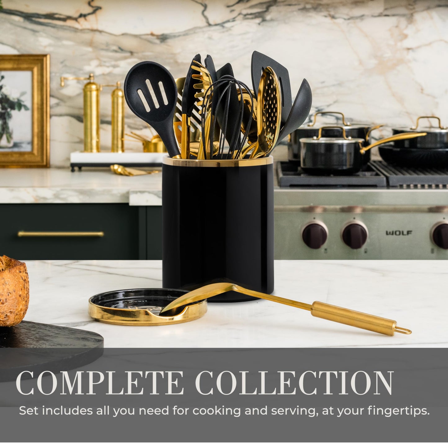 STYLED SETTINGS Black and Gold Cooking Utensils Set - 13-Piece Kitchen Set with Black Ceramic Utensil Holder and Stackable Gold Spoon Rest - Luxury Kitchen Accessories for Stylish Cooking and Serving