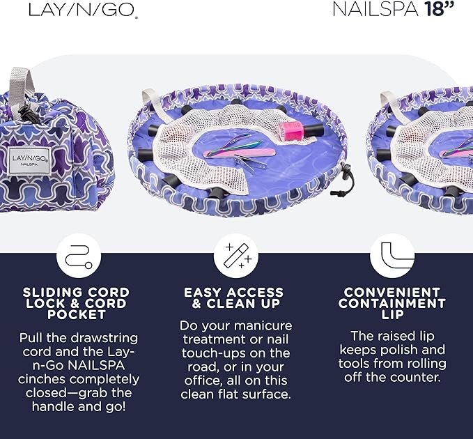Lay-n-Go NailSpa Drawstring Cosmetic Bag - Portable Nail Supplies Organizer Bag w/ 8 Elastic Mesh Pockets & Circular Center -Durable, Machine Washable Nail Kit Organizer (18", Violet Floral [Purple])