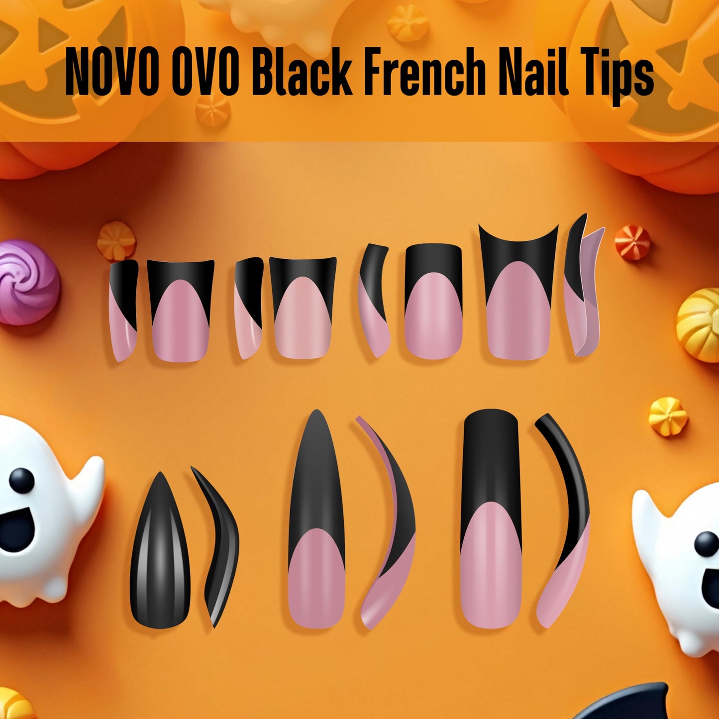 NOVO OVO Halloween Black French Tip Nail Tips Slightly Curved Medium BERRY PINK Full Cover for Press on Acrylic, Extra Thick M Soft Gel False Nail, need Builder Gel Top Coat, for DIY 15 Sizes 240 pcs